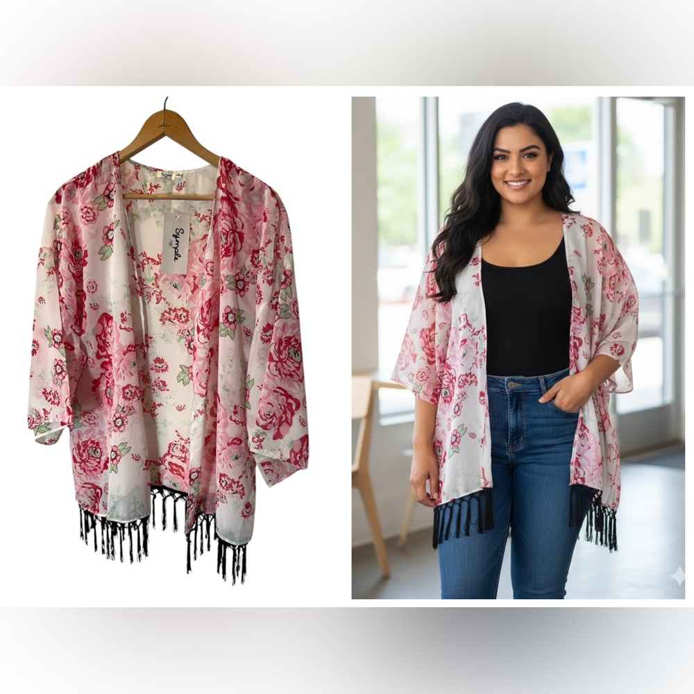 Pink Floral Shrug with Black Fringe by Simply NYC - Size XL - New with Tags